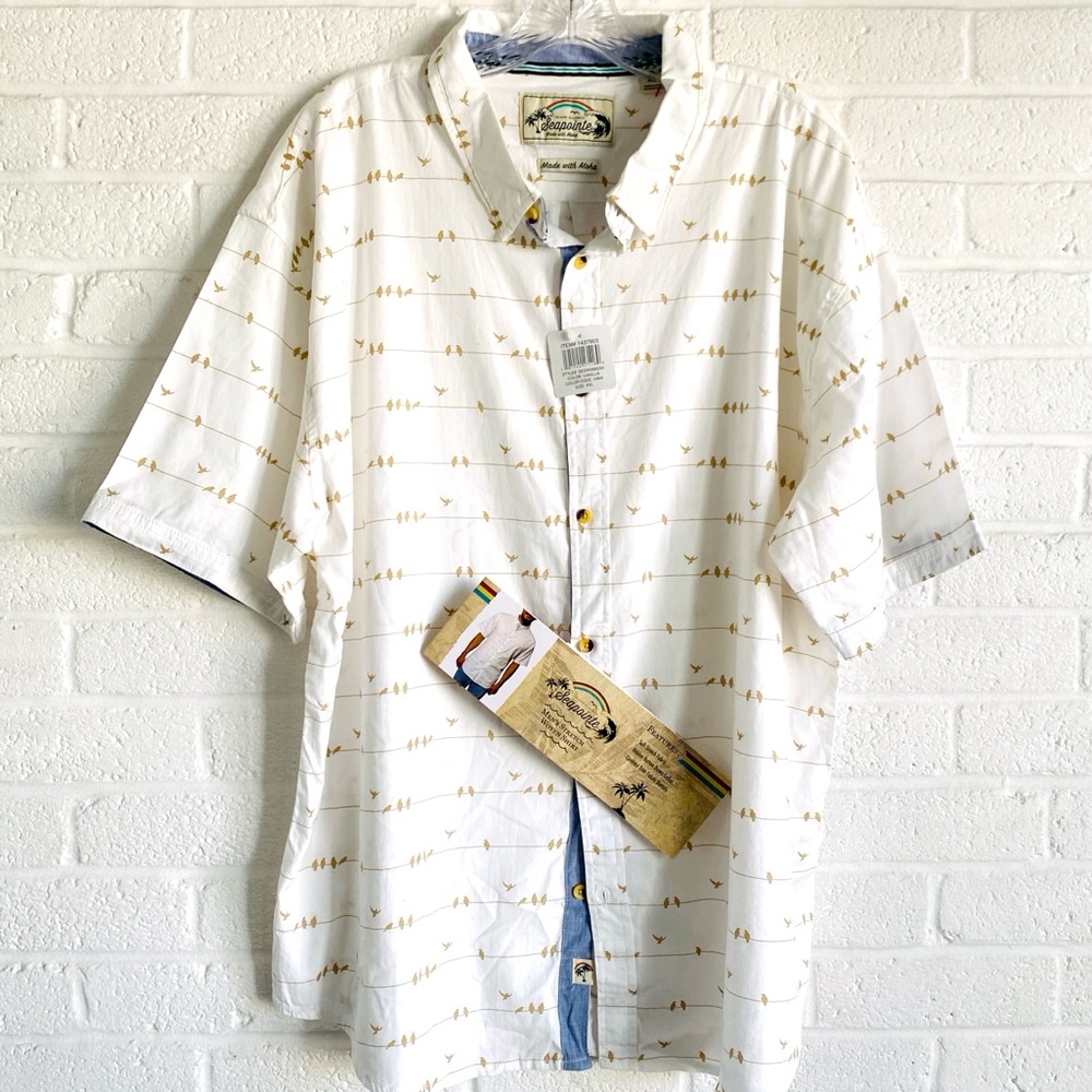 SEAPOINTE Stretch Woven Shirt Short Sleeve Button Down Bird XXL NWT Cream